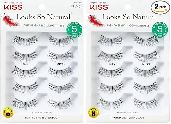 KISS Looks So Natural, False Eyelashes, 'Sultry', 12 mm, Includes 5 Pairs Of Lashes, Contact Lens Friendly, Easy to Apply, Reusable Strip Lashes, Glue-On (Pack of 2)
