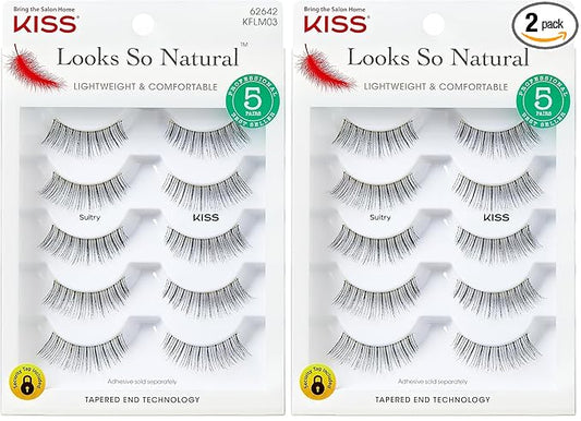 KISS Looks So Natural, False Eyelashes, 'Sultry', 12 mm, Includes 5 Pairs Of Lashes, Contact Lens Friendly, Easy to Apply, Reusable Strip Lashes, Glue-On (Pack of 2)