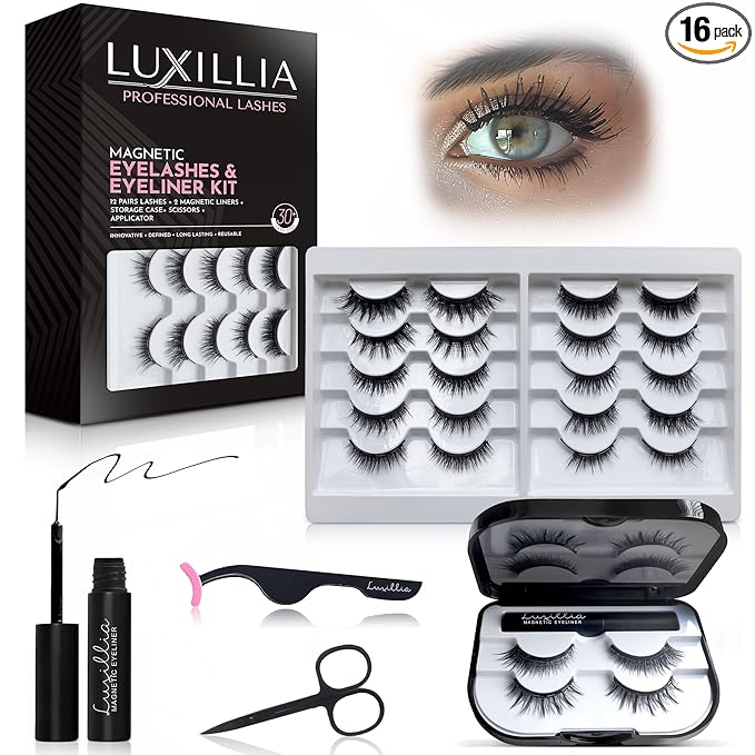 Luxillia 16-Piece Magnetic Eyelashes with Applicator & Magnetic Eyeliner Kit Ã¢ÂÂ Reusable Natural Magnetic Lashes Ã¢ÂÂ Easy Apply Lash Kit for Beginners Ã¢ÂÂ Waterproof, Short & Dramatic Looks