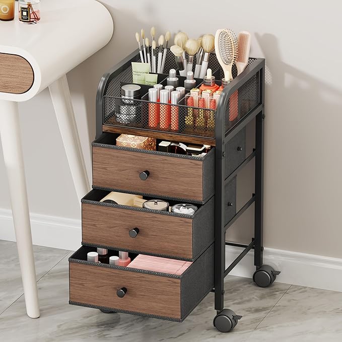 SWTYMIKI Rolling Makeup Organizer Cart - Under Desk Vanity Makeup Storage with 3 Non-woven Drawers, Nail Cart Organizer Cosmetic Display Cases Cabinet for Skin Care Perfume Nail Polish Brush Hair Tool