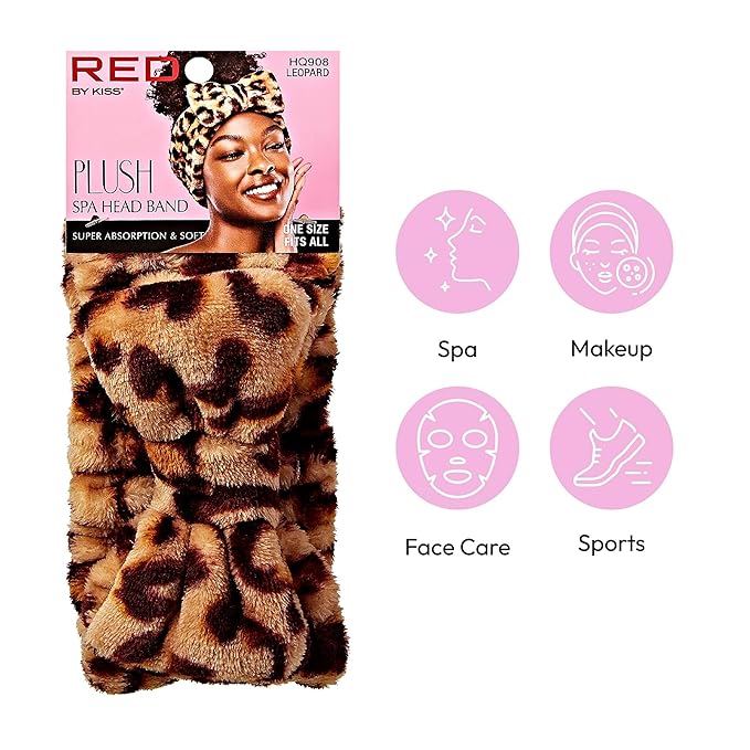Red by Kiss Spa Headband for Washing Face Facial Makeup Bow Head Band Soft Plush Fleece Stretchy Head Wraps for Women Shower Bath Washing Face Mask (Leopard)