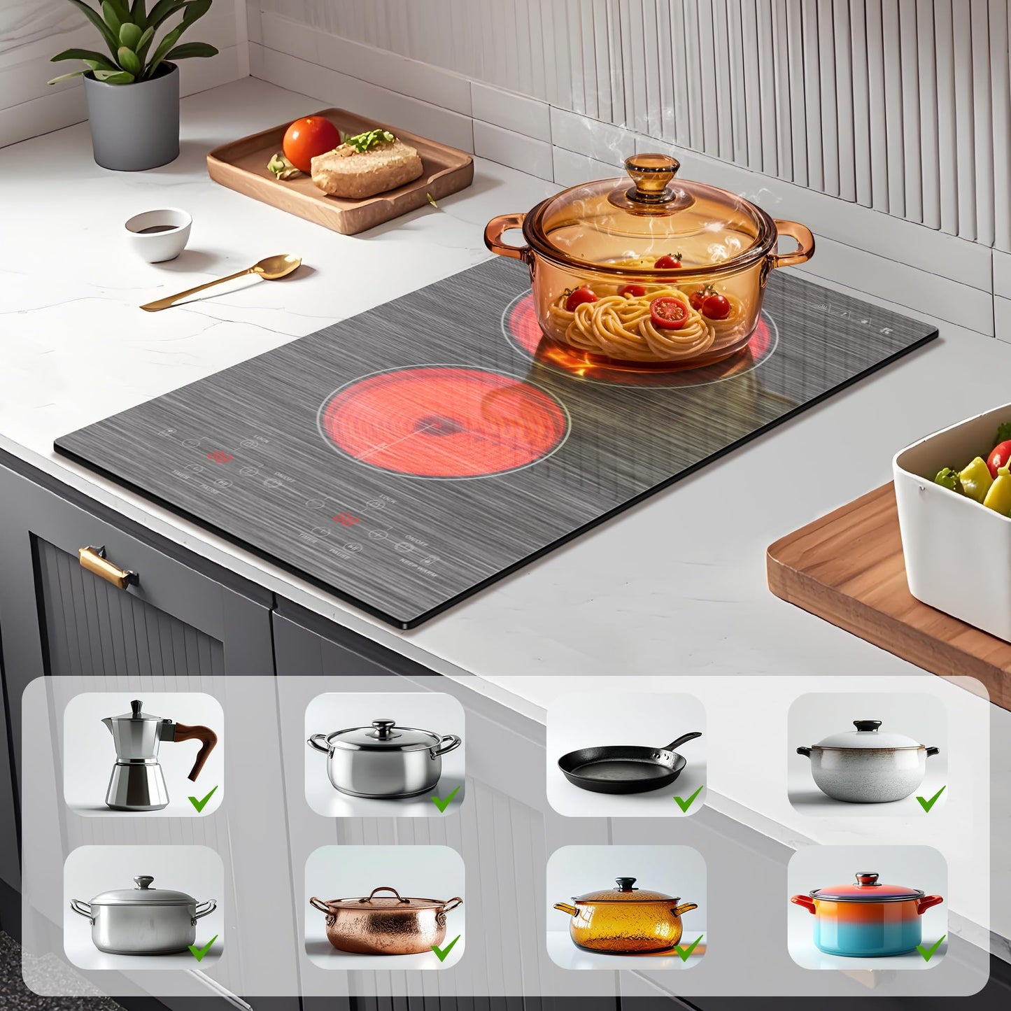Karinear 2 Burner Electric Cooktop 110V, 12 Inch Countertop & Built-in Electric Stove Top, Plug-in Ceramic Cooktop with Child Safety Lock, Timer, Pause, Smooth Glass Surface with Beautiful Pattern(B)