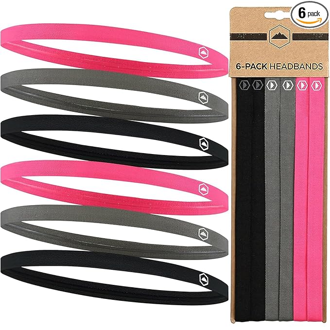 Tough Headwear Thin Elastic Headbands, Sports Headbands for Women & Men - Mens Workout Headband - Running or Soccer Headband - 6-Pack