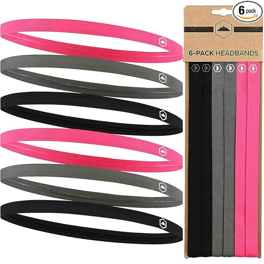 Tough Headwear Thin Elastic Headbands, Sports Headbands for Women & Men - Mens Workout Headband - Running or Soccer Headband - 6-Pack