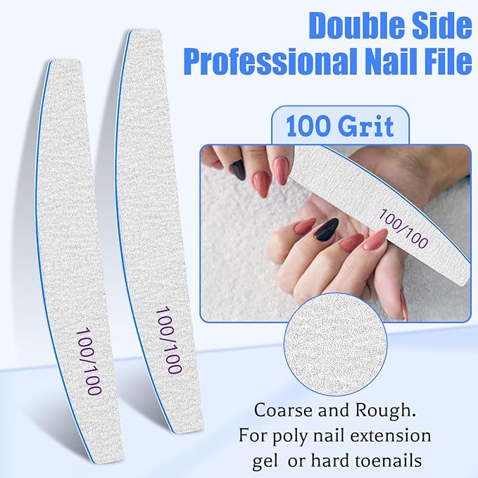BLESWIN Nail Files 100/100 Grit, 25 Pcs Professional Double Sided Emery Board, Reusable Washable Coarse Tool for Acrylic & Gel Nails, Home Salon Application