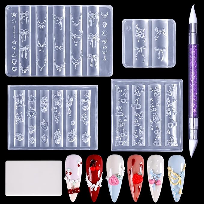 Laza 4pcs Silicone Nail Art Molds, Acrylic 3D Strawberry Bowknot Cherry Nail Charms Molds Clear Modeling Templates Fruit Pattern Nail Tools with Sculpture Pen for Salon Nail Design Resin Epoxy DIY