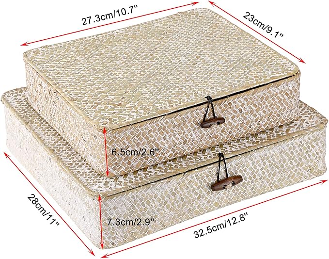 Hipiwe Set of 2 Flat Woven Wicker Storage Bins with Lid Natural Seagrass Basket Boxes Multipurpose Home Organizer Bins Boxes for Shelf Organizer (Whitewash)