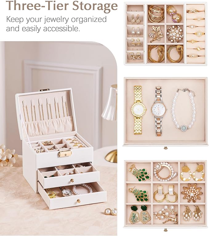 Homde Girls Jewelry Box with Lock: 3 Layer Organizer with Removable Tray - Storage for Ring Necklace Earring - Birthday & Return Gifts for Young Women (Cloud White)