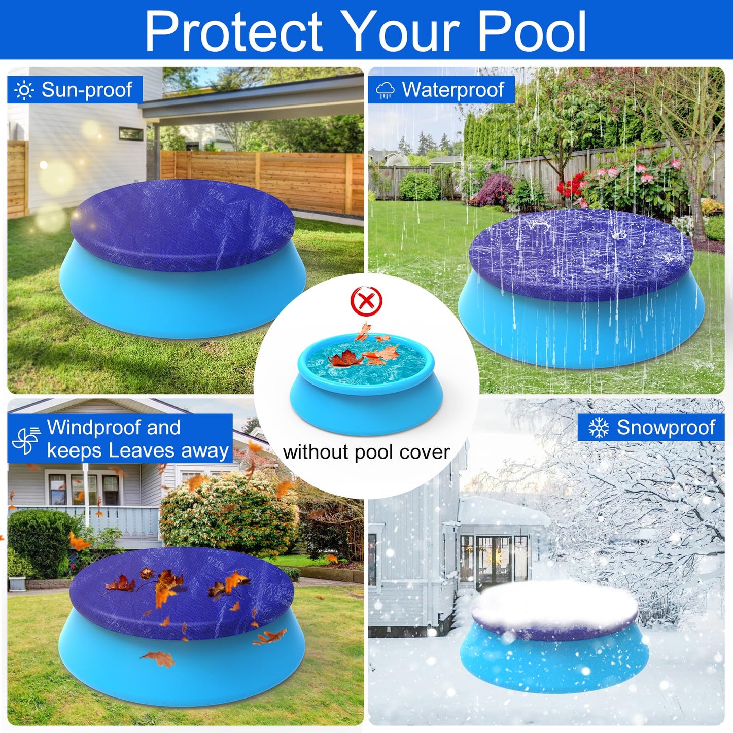 12FT Round Inflatable Pool Cover, Outdoor Swimming Pool Cover for Intex Above Ground Pools with Elastic Band, Waterproof and Dustproof, No Drain Holes, Prevent Leaves, Debris and Dust