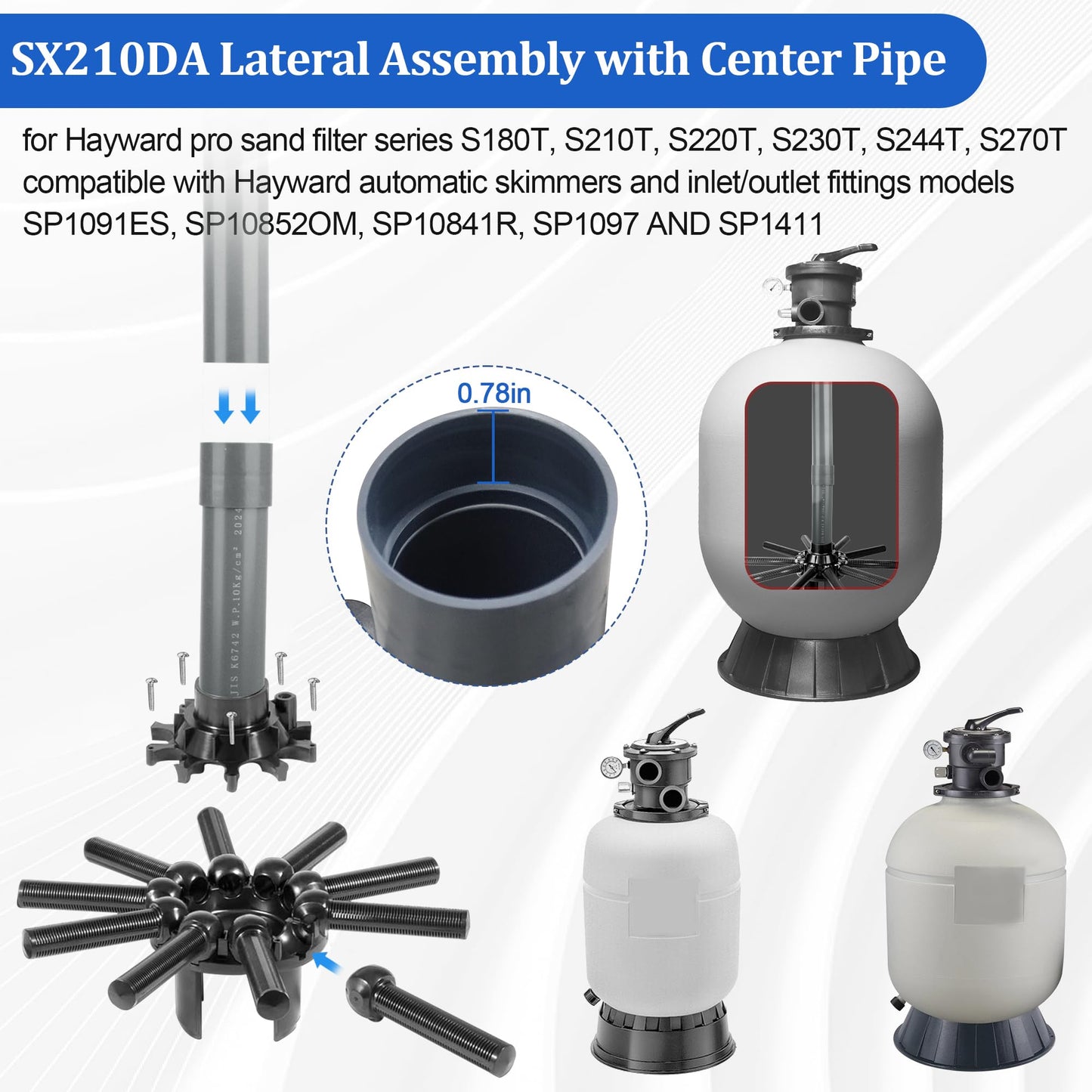Rugam SX210DA Pool Lateral Assembly with Center Pipe Replacement for Hayward Pro Series Sand Filter and Automatic Skimmers S180T S210T S220T S230T S270T SP1091ES SP10852OM SP10841R SP1097 SP1411