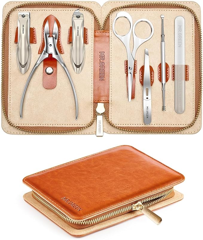 MR.GREEN 7 in 1 Manicure Set, German Stainless Steel Anti-Splash Nail Clippers Set, Professional Fingernail and Toe Nail Clippers Kit Full Nail Care Grooming Kit with Leather Case for Women and Men