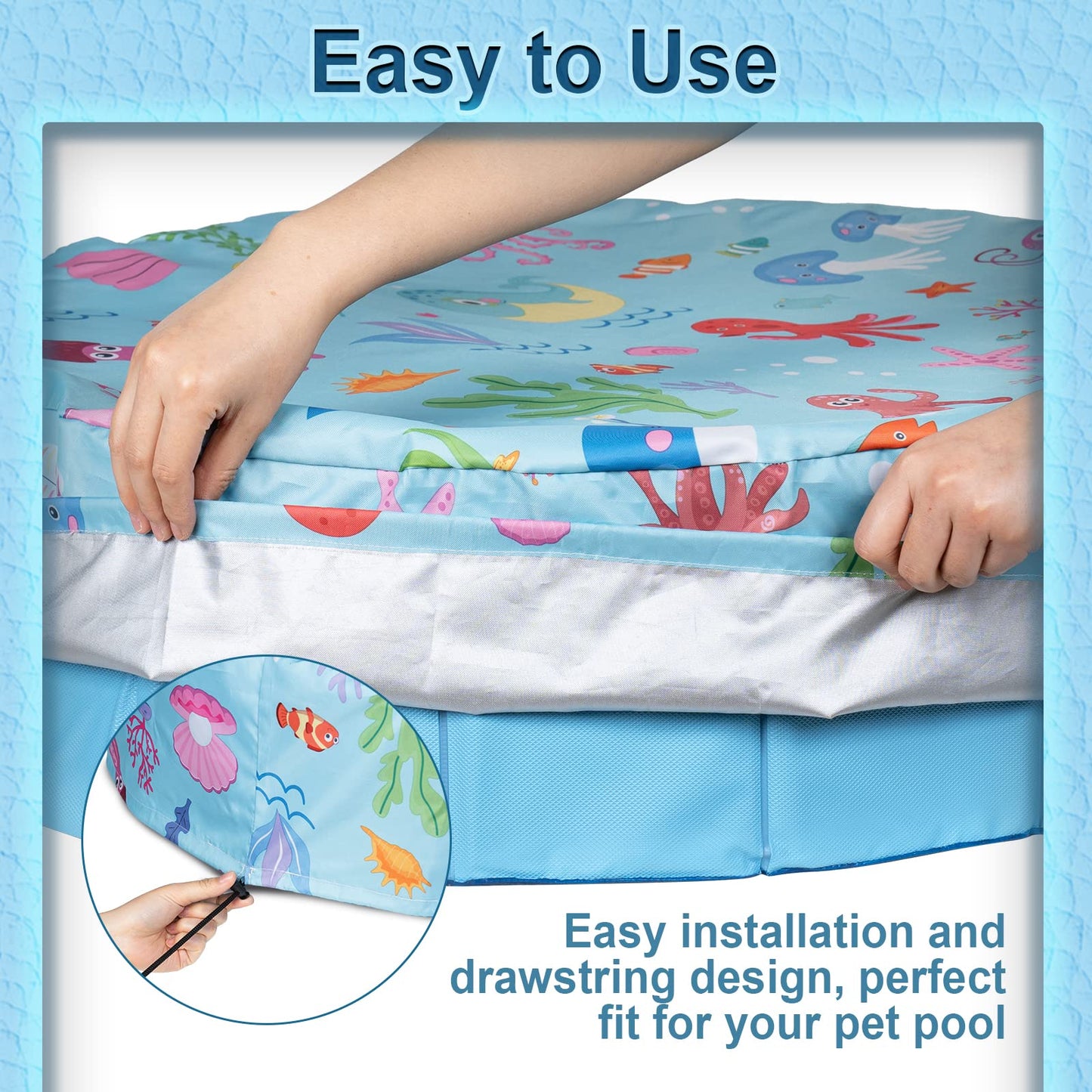 Docuwee Round Pool Cover 63"(5 Ft), Foldable Kiddie Solar Cover Fit Dog Swimming Pool, Pets Kids Bath Tub, Anti-UV Dustproof Safety Pool Cover with Cute Ocean Animals Pattern