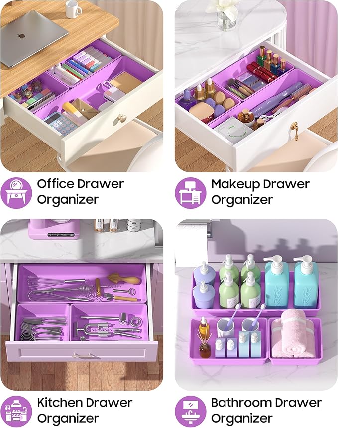 10 Pack Large Size Plastic Drawer Organizers Set, 3 Sizes Desk Drawer Organizer Trays, Storage Bins for Vanity, Makeup, Bathroom, Kitchen Utensils and Office (Purple)