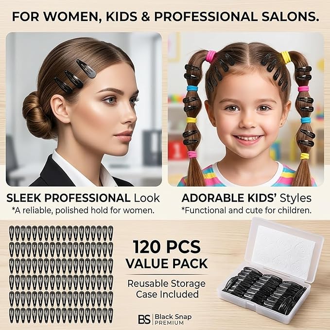 120 Pack Black Hair Clips | Non-Slip Snap Clips for Women & Girls | Durable Hairpins for Thick Hair, Updos, Braids & Buns | Secure Hold, Snag-Free Design