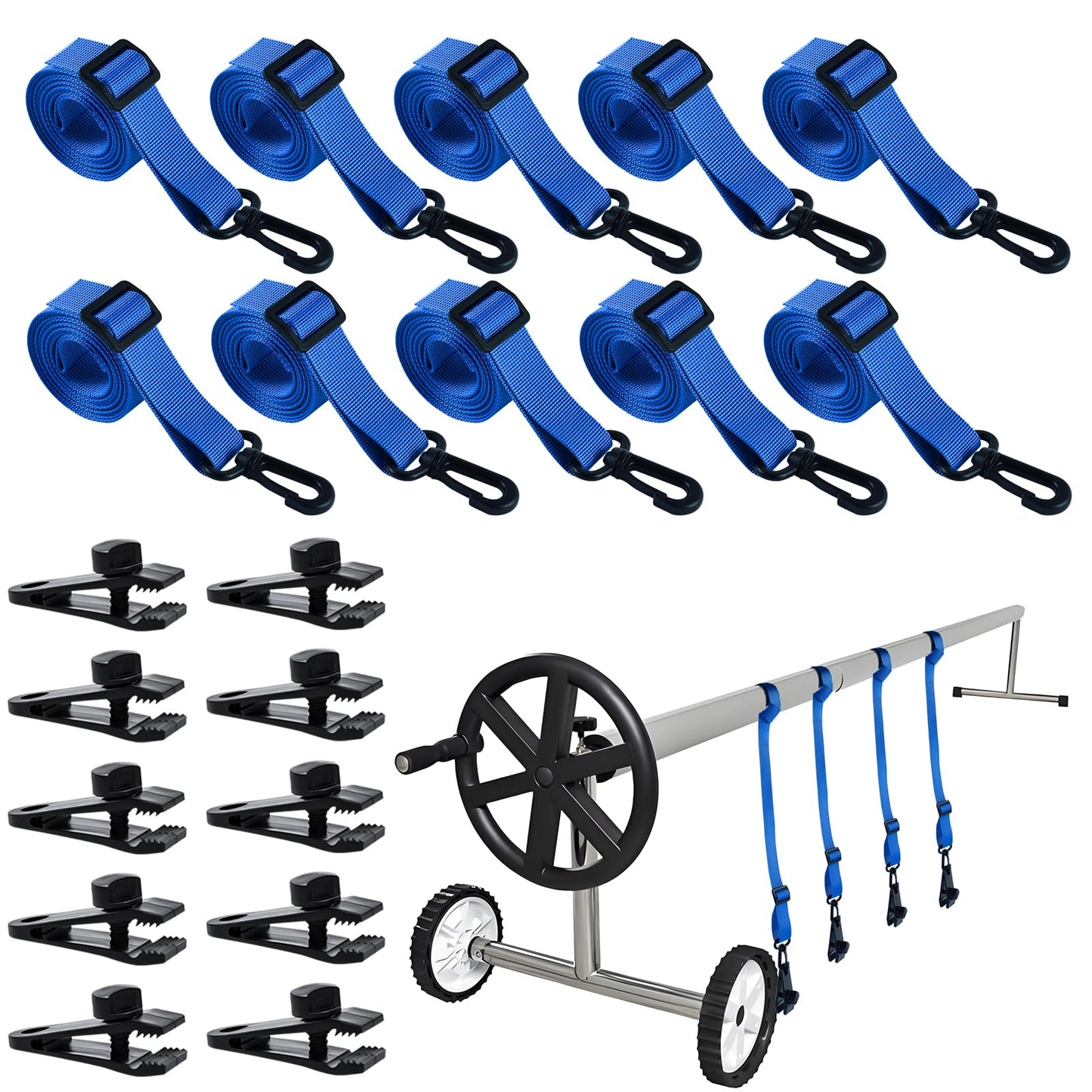 10set Upgraded Pool Solar Cover Reel Straps Adjustable Pool Cover Reel Attachment Inground Swimming Pool Solar Cover Straps and Clips Kit Including 10 Solar Reel Blanket Straps with Hooks,10 Clamps