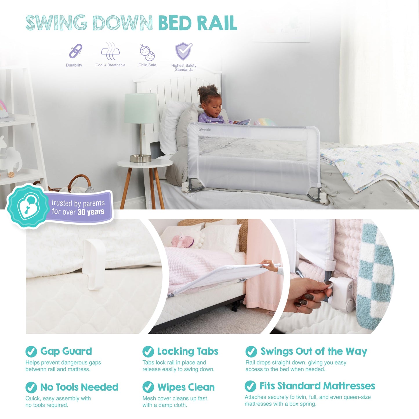 Regalo Safety Swing Down Bed Rail Guard for Toddlers, 43" Bed Safety Rail with Patented Gap Guard, Toddler Bed Rail Fits Twin, Full & Queen Beds, Guard Rail for Kids Bed, American Designed & Owned