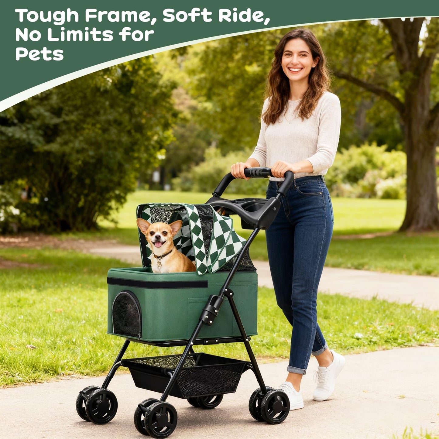 PUPIHOM Foldable pet Stroller for Cats with Detachable Weather Cover, 4 Wheels Pet Strolling Cart for Dogs and Cats with Storage Basket and Cup Holder（Green）