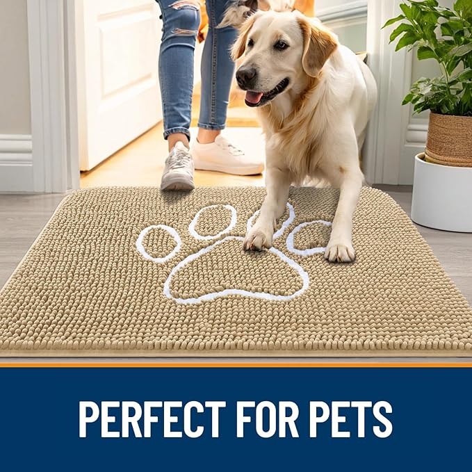 OLANLY Dog Door Mat for Muddy Paws 47x20, Paw Print Design, Absorbs Moisture and Dirt, Absorbent Non-Slip Washable Doormat, Quick Dry Chenille Mud Mat for Dogs, Entry Indoor Entryway Carpet, Beige