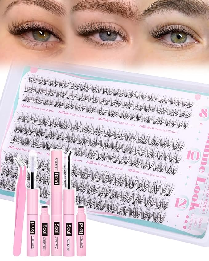 Natural Lash Clusters Kit 8-10-12MM Short Eyelash Clusters Kit Clear Lash Band Cluster Eyelash Extensions C-Curly DIY Lash Extension Kit by Newcally