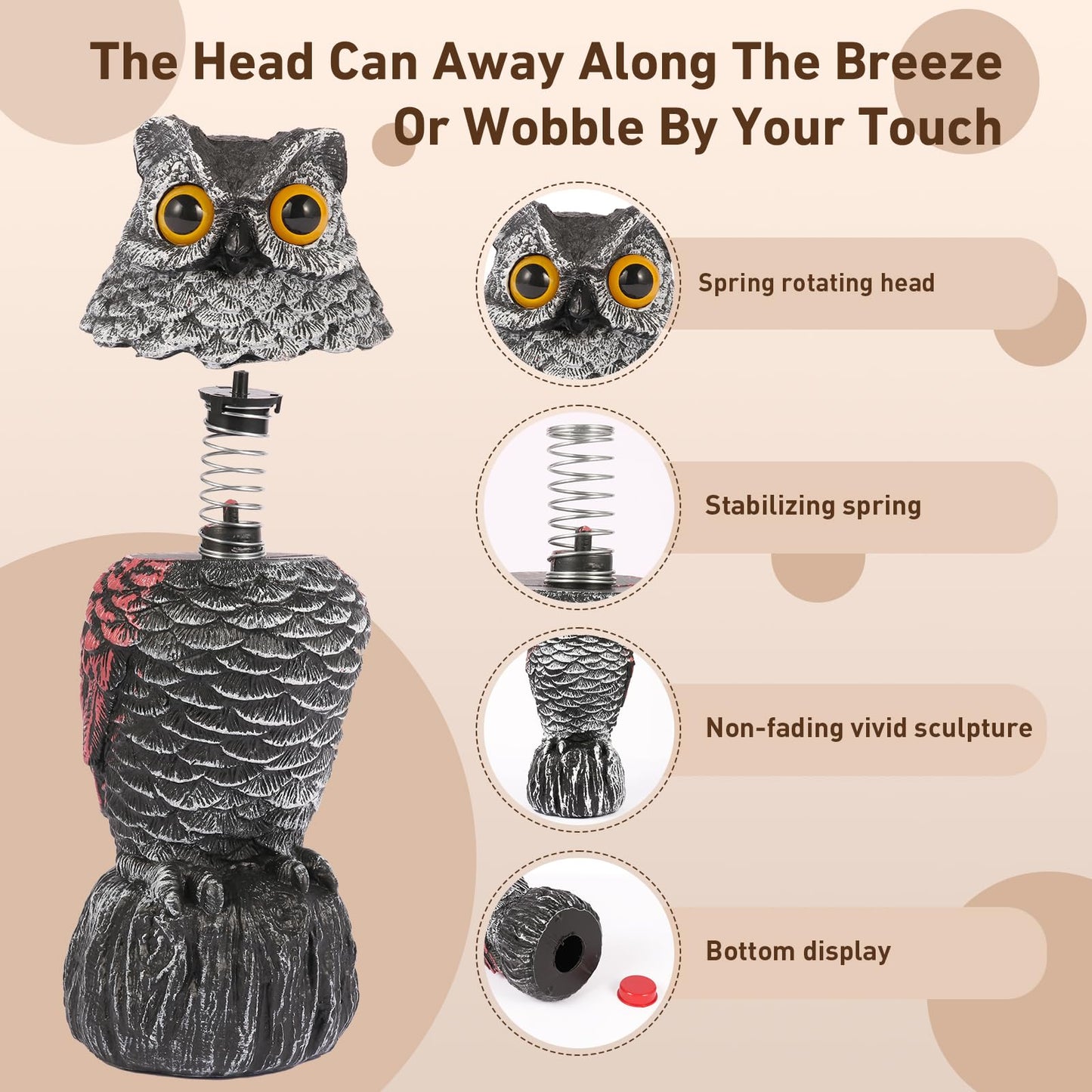 Owl Decoys to Scare Birds Away, 2 Pack BobbleHead Fake Owls Plastic Scarecrow Bird Deterrent, Nature Enemy Scarecrow Plastic Owl Statues, Garden Decor Statues for outside, Patio, Lawn, Yard Decoration