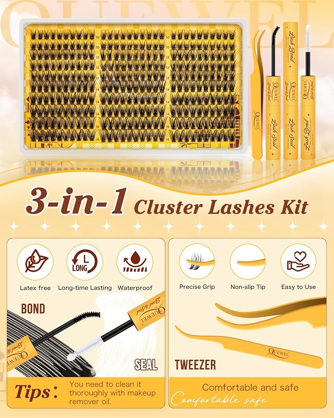 QUEWEL Lash-Clusters Kit 300PCS C Curl Wispy-Eyelash Clusters Lashes-Natural Look Cluster Lashes Extensions Kit with Lash Bond and Seal and Tweezers Natural Eyelash Clusters Use at Home (JS01-KIT)