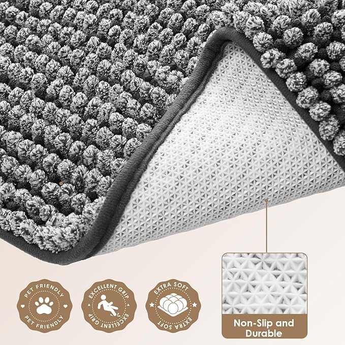EHEYCIGA Super Absorbent Dog Door Mat for Muddy Paws 60x36 Inch Indoor, Front Doormat Outside Entrance, Quick Dry Chenille Washable Dog Crate Bed, Non-Slip Pet Rug Mud Mat Outdoor Entryway, Grey