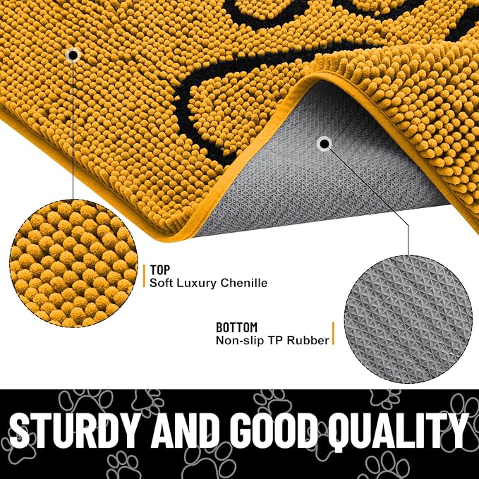 Smiry Dog Door Mat for Muddy Paws, Absorbent Dirt Trapper Non Slip Quick Dry Washable Chenille Mat for Mud Dogs, Entry Rug for Indoor and Outdoor (36x24 Inches, Golden Yellow and Black)