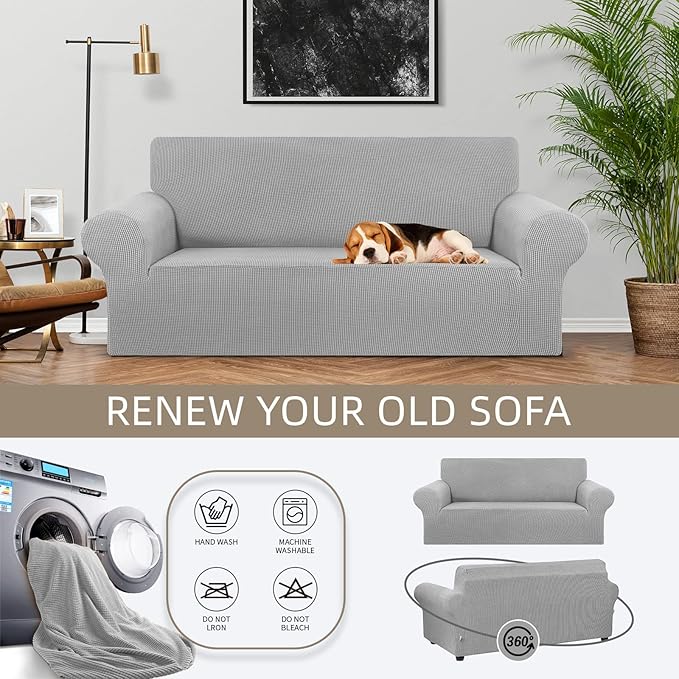 KEKUOU Stretch Loveseat Sofa Cover Slipcover,Couch Covers for 2 Cushion Couch Sofa (55"-78") Furniture Protector Sofa with Elastic Bottom for Kids,Dog. Jacquard Small Checked (Medium,Silver)