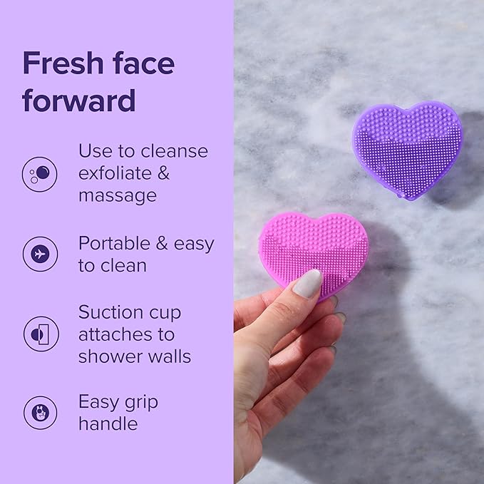 Plum Beauty Heart-Shaped Silicone Skin Scrubber Ã¢ÂÂ Manual Facial Cleansing Brush for Exfoliating & Massaging Ã¢ÂÂ Soft, Skin-Safe Bristles for All Skin Types Ã¢ÂÂ Includes Suction Cup Mount