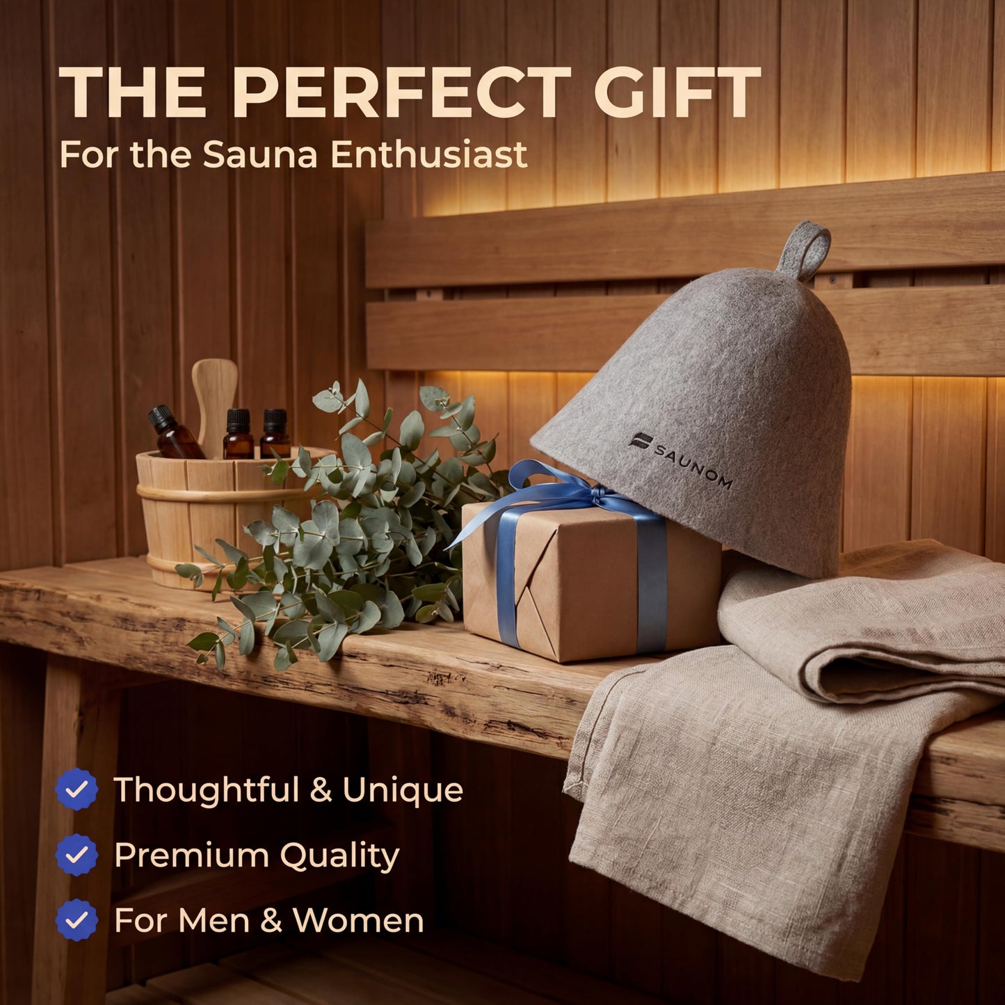 SAUNOM Premium Ultra Soft Grey Sauna Hat for Women and Men — 100% Natural Wool — Ultra Soft, Breathable, Itch-Free and Odor Resistant Sauna Cap