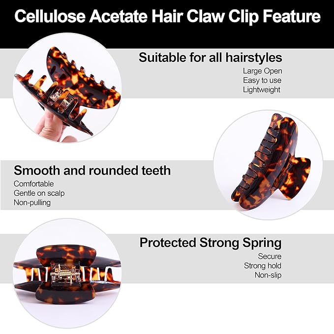 Big Claw Hair Clips for Women Hair Jaw Clips Large Hair Claw Clamps Acetate Hair Clip 2 Pack,Tortoise/Brown