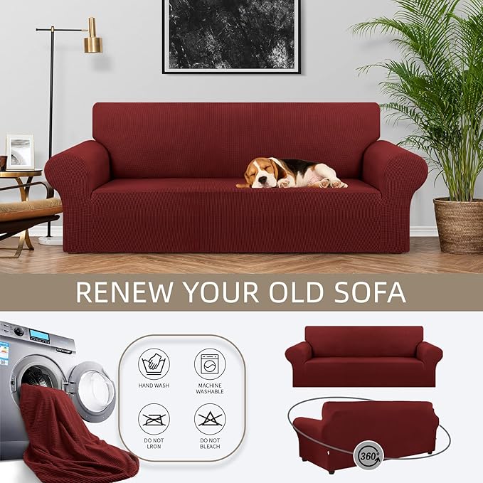 KEKUOU Stretch Oversized Sofa Slipcover 1 Piece Couch Sofa Cover (94"-110") Furniture Protector 4 Seater Sofa with Elastic Bottom for Kid,Pet.Jacquard Checked Pattern Fabric(X Large,Dark Red)