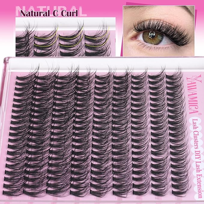 Yawamica Eyelash Clusters Natural Lash Extension 12-16mm Wispy Lash Clusters C Curly Individual Lashes Fluttery Cluster Eyelash Extensions False Eyelashes Clusters DIY Lash for Beginners