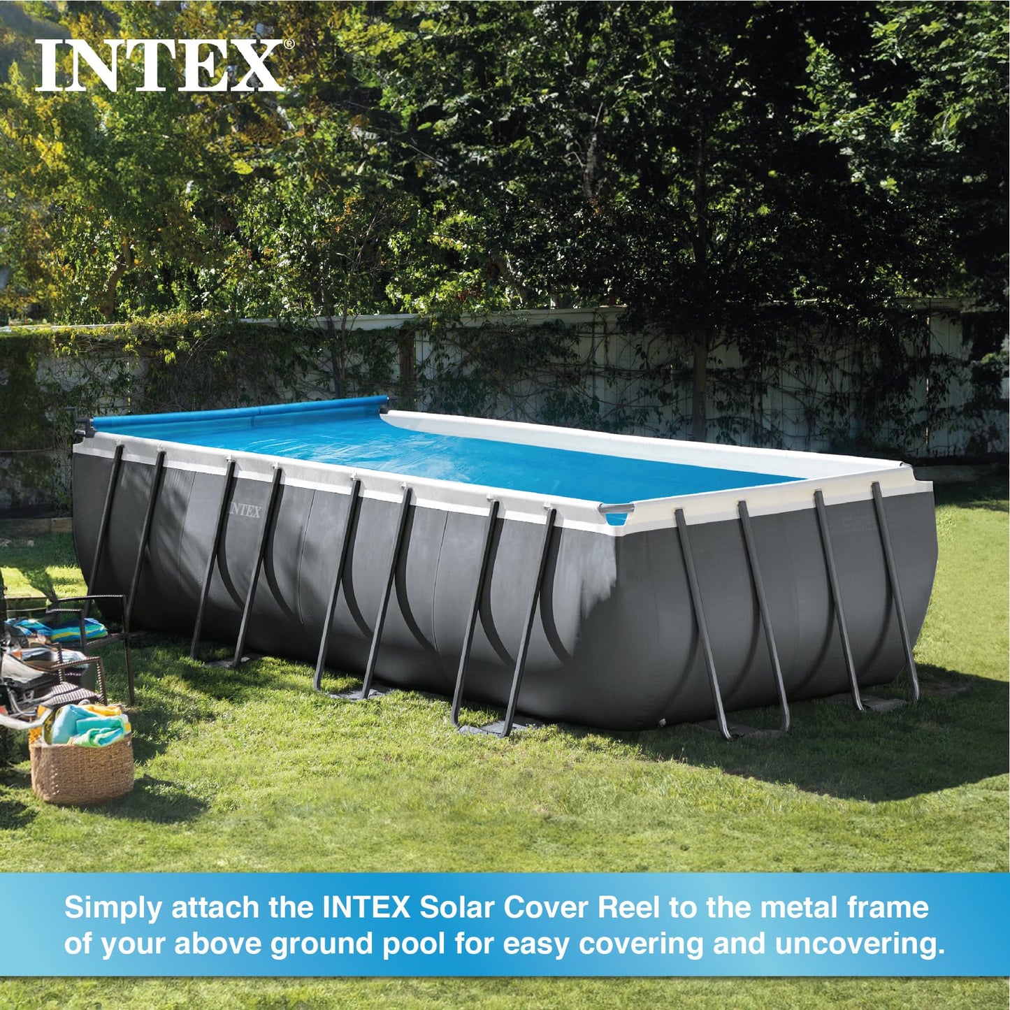 Intex Heavy Duty Solar Above Ground Pool Cover Reel Aluminum Adjustable with Locking Mechanism for Rectangle Frame Pool, Cover Not Included
