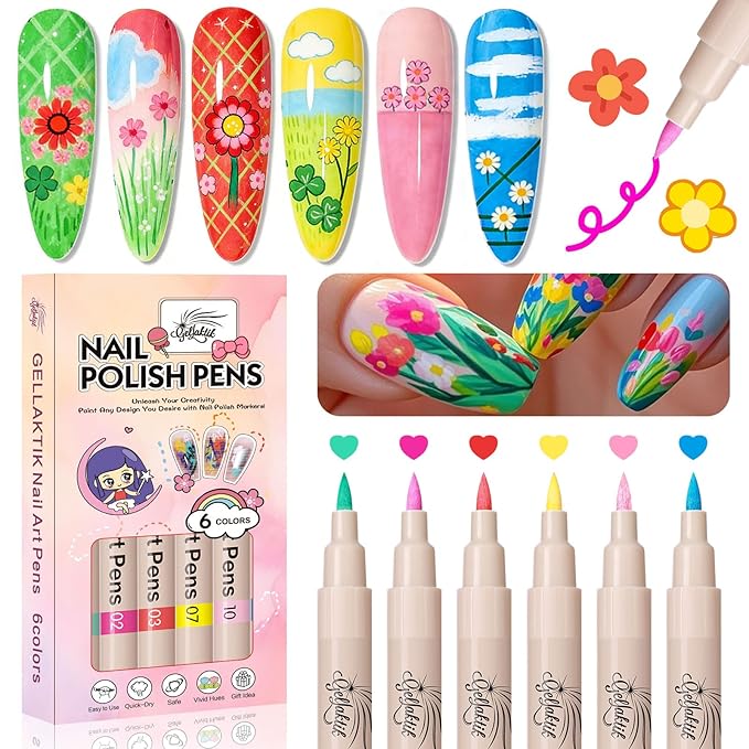 6 Colors Nail Art Pens Set, 3D Nail Polish Pens Quick-Drying Acrylic Paint Markers, Dotting Liner Brush for DIY Nail Design, Home & Salon Manicure Tools