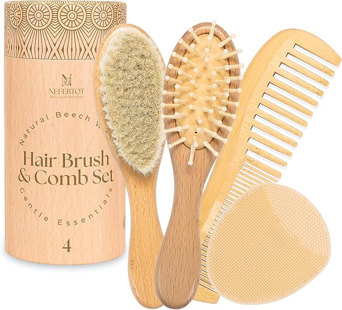 Wooden Baby Hair Brush Grooming Kit with Beech Wood Goat Hair Brush, Cradle Cap Brush, Silicone Scalp Massager, Ultra Soft Bristle Brush | Gender Neutral Newborn Hairbrush Set for Boy or Girl