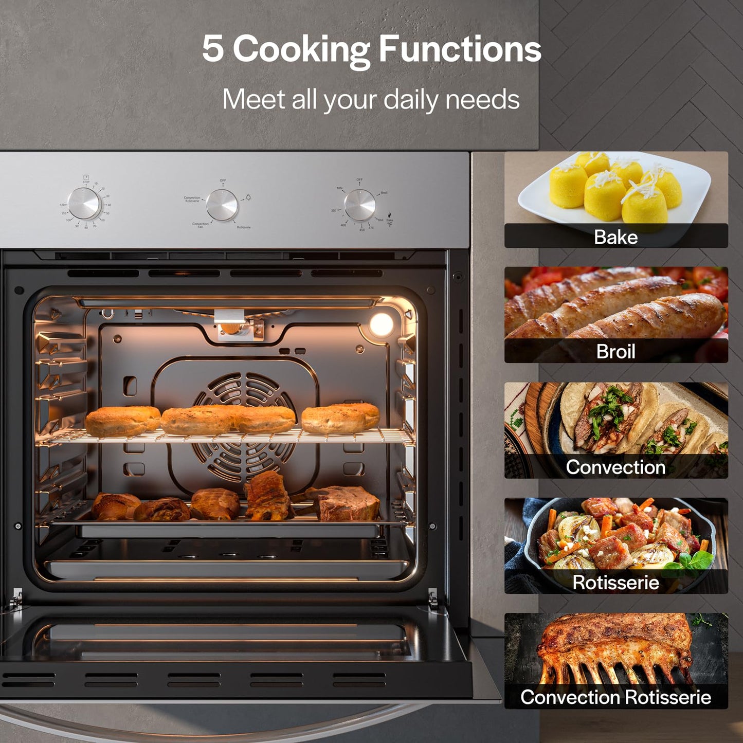 Empava 24 Inch Natural Gas Single Wall Oven in Stainless Steel, 5 Cooking Modes, Convection and Rotisserie Function, 2.3 Cu.ft, 13600 Btu/h