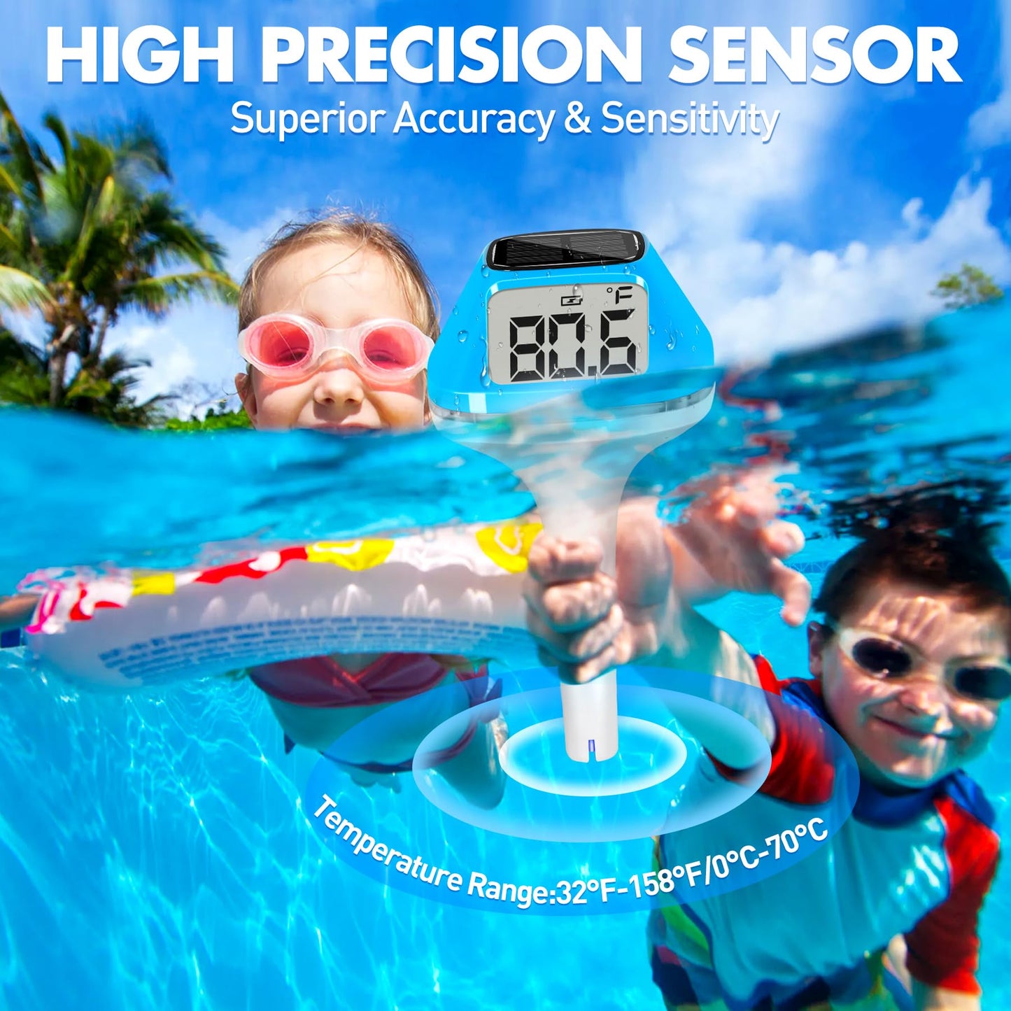 DeeprBlu 2026 New Iteration Solar Digital Pool Thermometer with Rope, Easy Read Extra Large Backilt LCD Display Floating Pool Thermometer, IP68 Waterproof Pools Water Temperature Gauge for Hot tub,Spa