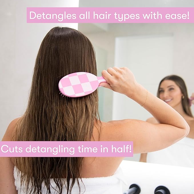 FRAMAR Checkered Hair Brush Detangler – Wet Hair Brushes For Women, Womens Hair Brush, Hair Accessories, Hairbrush For Women, Cepillos Para Cabello, Reduces Breakage – Detangle Brush - Pink
