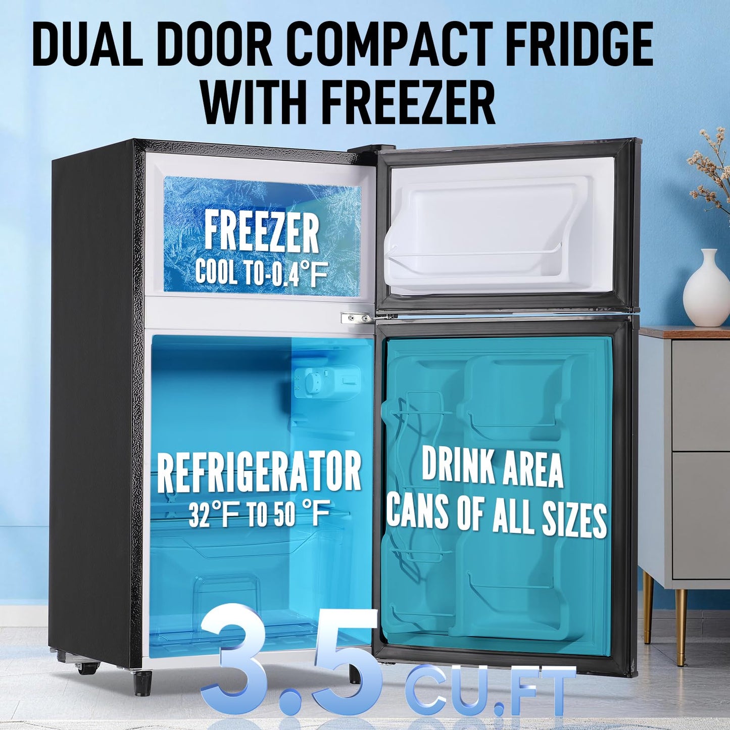 WANAI 3.5 CU.FT 2 Door Mini Fridge with Freezer Freestadning Small Refrigerator Features 7 Gear Mechanical Control, Side Bottle Rack, 2 Glass Removable Shelves, Crisper Drawer Black