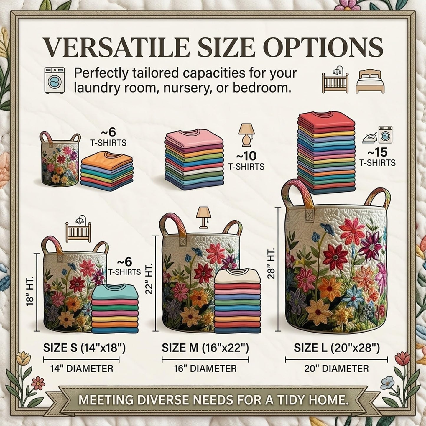 Quilted Laundry Baskets, Large Floral Boho Fabric Storage Hamper with Handles, Collapsible Soft Clothes Organizer Tote for Nursery House Styling, Portable Bedroom Washing Container