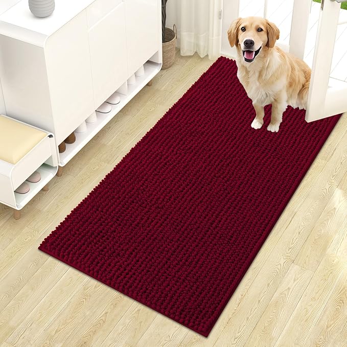 OLANLY Dog Door Mat for Muddy Paws 44x24, Ultra Absorbent Chenille Mud Doormat, Non-Slip Washable and Dirt Trapping Doormat for Indoor Entryway, Quick-Dry Indoor Pet Bed Mats for Dogs, Burgundy