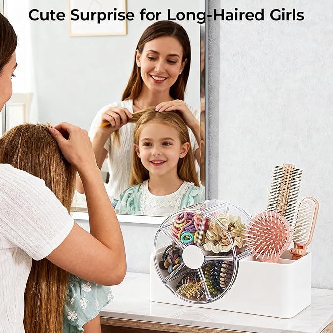 Hair Accessories Organizer for Girls, 2-Slot Hair Brush Holder & 5-Section Rotating Wheel, Cute Makeup Brush Holder for Hair Tile, Clip, Makeup Brush, Earring, Ring, Kids Vanity Accessories (White)