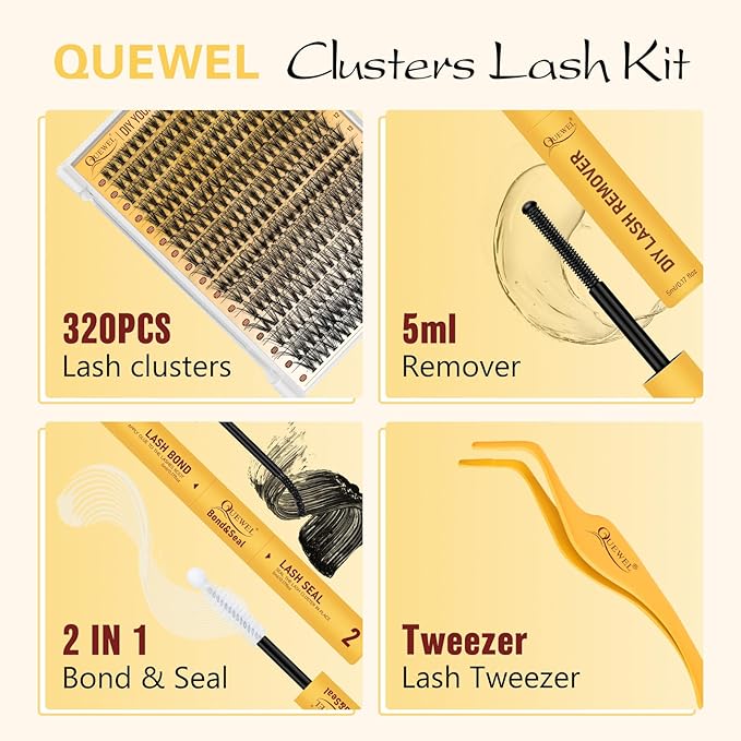 QUEWEL Lash Clusters Kit, 320 Pcs 30D Lash Cluster Eyelash Extensions 9-16mm Lash Clusters Wispy Kit with Eyelash Clusters Bond and Seal Glue Remover Tweezers (30D Kit)