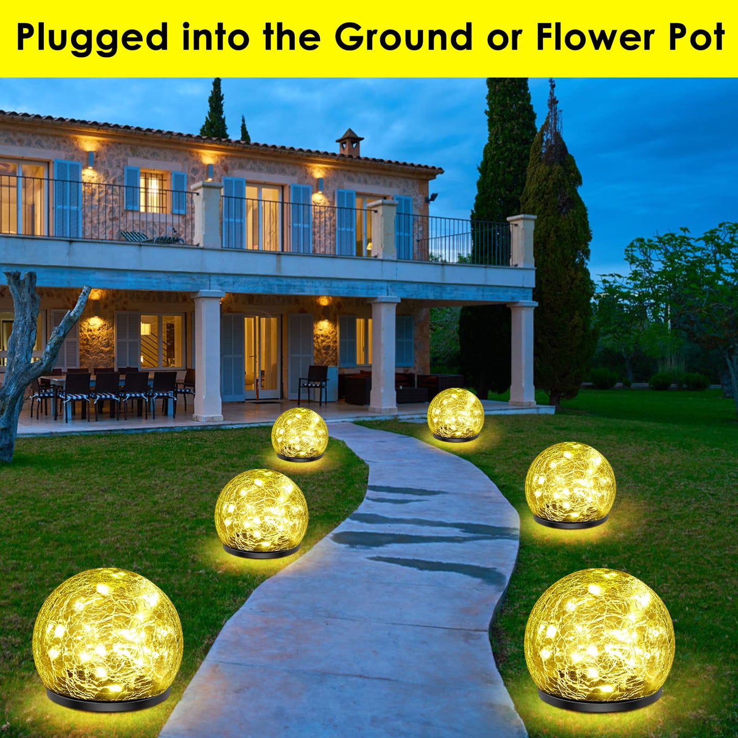 Keevvon Solar Garden Lights, 2 Pack 80 LED Cracked Glass Solar Globe Lights Outdoor Decoration, Upgraded Waterproof Warm White Ball Lights for Yard Pathway Patio Lawn Christmas Outside Decor, 5.9"