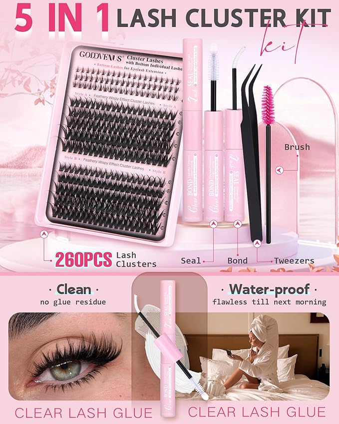 Goddvenus Wispy Eye Lash Clusters Kit Natural Cluster Eyelash Extensions Kit False Eyelash Clusters Fluffy DIY Individual Lash Extensions Kit C Curl