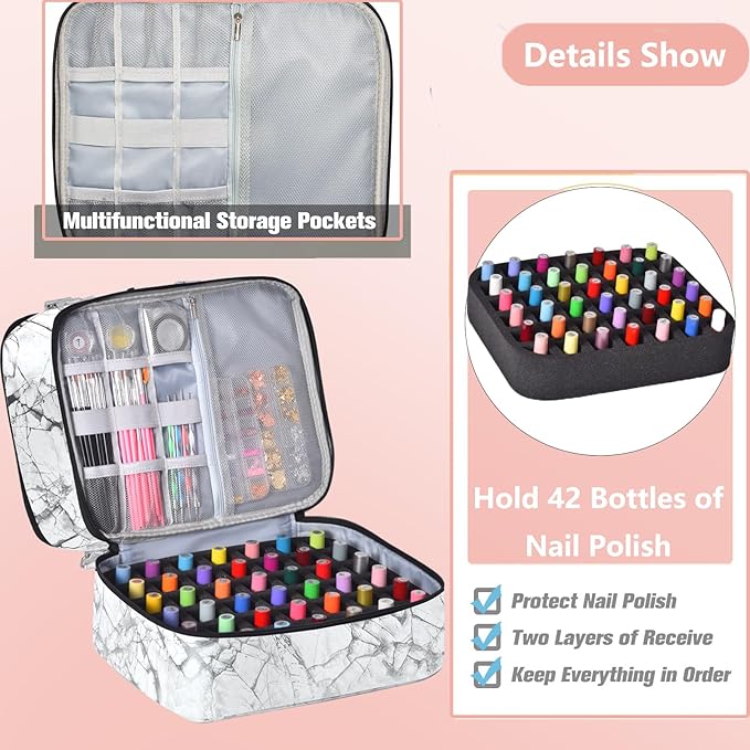 Nail Polish Organizer Case - Holds 42+ Bottles (15ml/0.5 fl.oz) and 1 Nail Lamp, Upgraded Double-layer Nail Polish Carrying Case Nail Storage Bag with Handles (White)