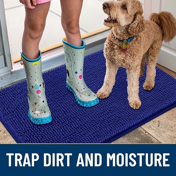 Smiry Dog Door Mat for Muddy Paws 24x16, Absorbs Moisture and Dirt Doormat, Non-Slip Washable Quick Dry Chenille Front Door Mat Indoor Entrance, Entryway Carpet for Inside Floor, Navy Blue
