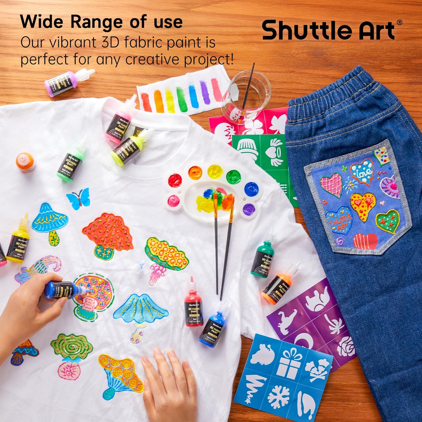 Shuttle Art Fabric Paint, 24 Colors 3D Permanent Paint with Brushes Palette Pen Fabric Sheet Stencils, Glow in The Dark, Glitter, Metallic Colors for Textile Fabric T-shirt Jeans Glass