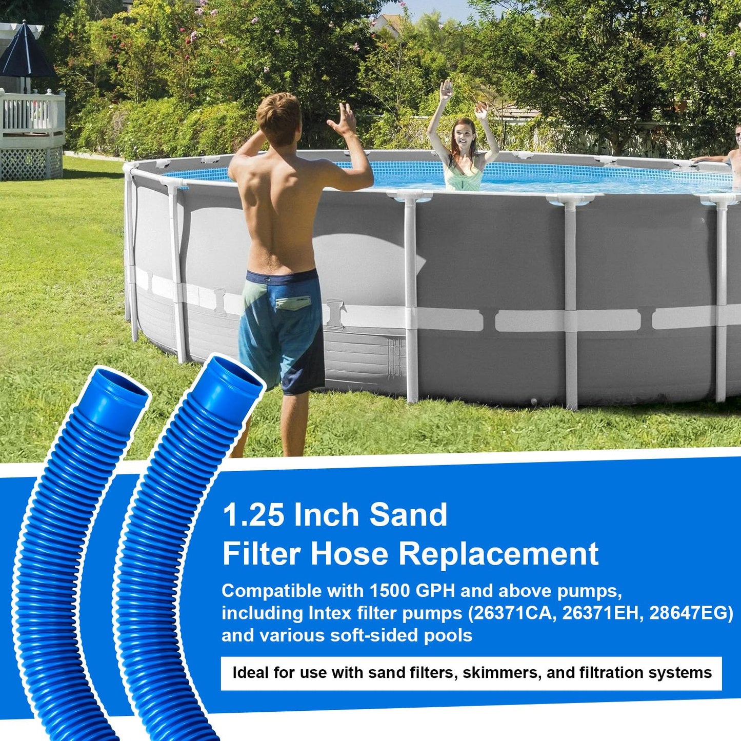 Pool Sand Filter Pump Hose, 1.25" Diameter Pool Filter Hose Replacement for Above Ground Pools, 16 Inch Pool Pump Hoses Compatible with Pump Sand Filter and Saltwater Systems(2 Pack, Blue)